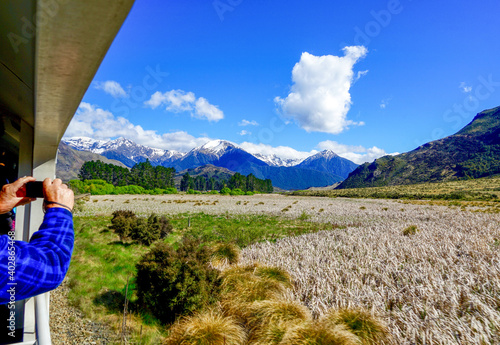 New Zealand, South Island, on the Transalpine train over the  Arthur’s Pass from Wellington to Mount Cook Village.