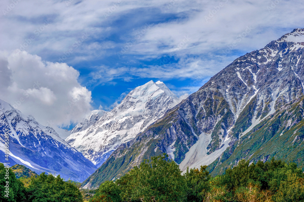 New Zealand, South Island, View on New Zealand highest mountain. The Mount Cook- Aoraki.