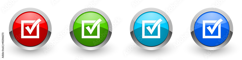Correct, check box silver metallic glossy icons, set of modern design buttons for web, internet and mobile applications in four colors options isolated on white background Correct, check box silver metallic glossy icons, set of modern design buttons for web, internet and mobile applications in four colors options isolated on white background