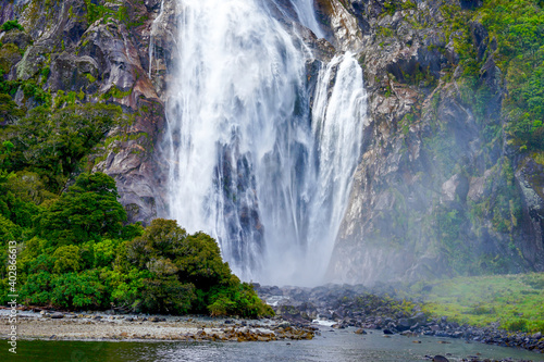 New Zealand  South Island  amazing waterfall in the Milfort Sound.