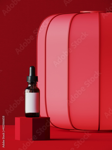 Minimal abstract product background for Chinese new year concept. Cosmetic bottle and red lantern on red background. 3d render illustration. Clipping path of each element included.