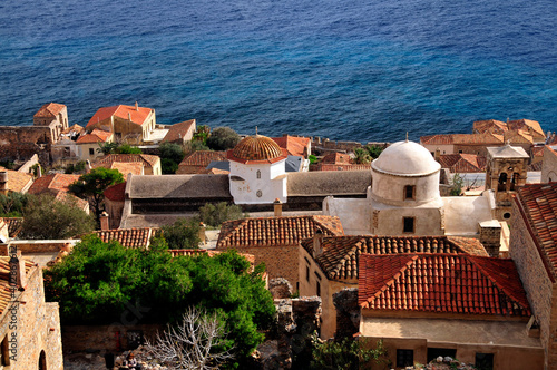 Aspect of the old citadel town of Monemvassia, Greece, at dawn, with the blue sea in the background