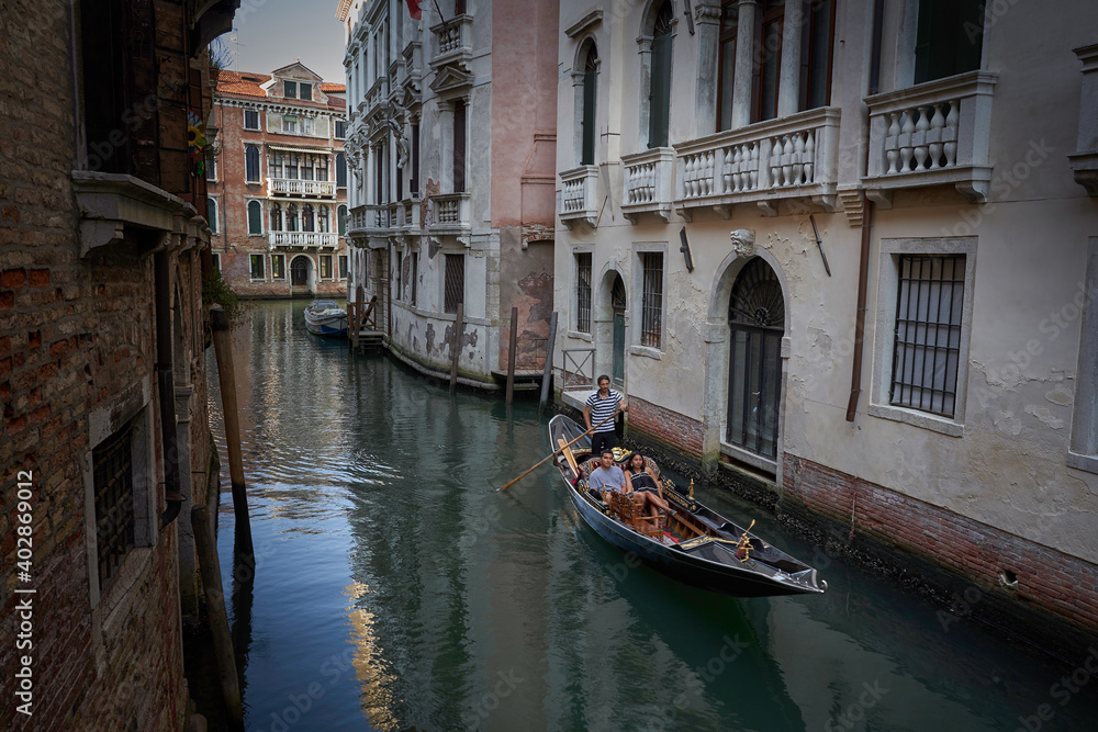 Gondola on canal. Trip to Venezia summer 2019. Venice, Italy.