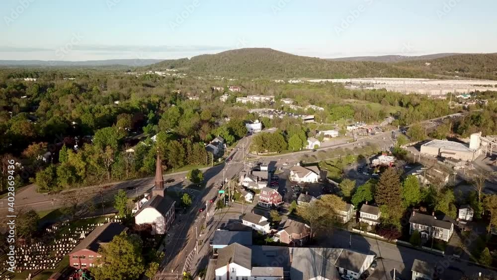 Downtown Fishkill and the Hudson Highlands mountains in New York's Hudson Valley is shown in this 4K aerial footage. Downtown Fishkill and the Hudson Highlands mountains in New York's Hudson Valley is shown in this 4K aerial footage.