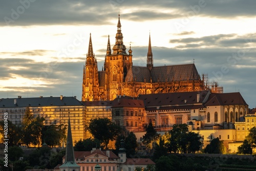 Evening view of Prague Castle at sunset. photo