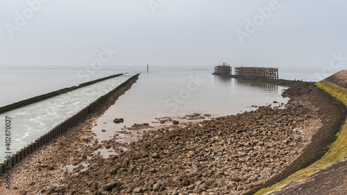 The South Pier and a return flow into the Irish Sea, seen in Heysham Harbour, Lancashire, England, UK