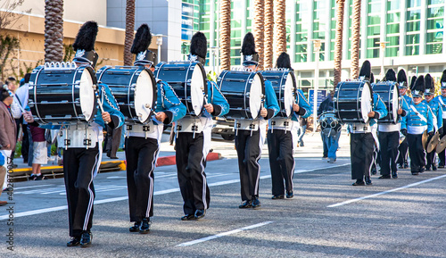 Marching band with drums dressed in blue photo