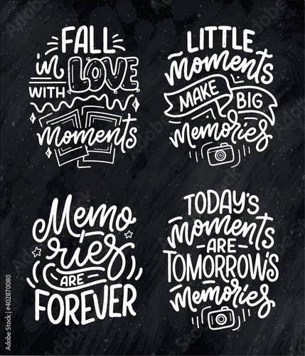 Set with travel life style inspiration quotes about good memories, hand drawn lettering posters. Motivational typography for prints. Calligraphy graphic design elements. Vector illustration
