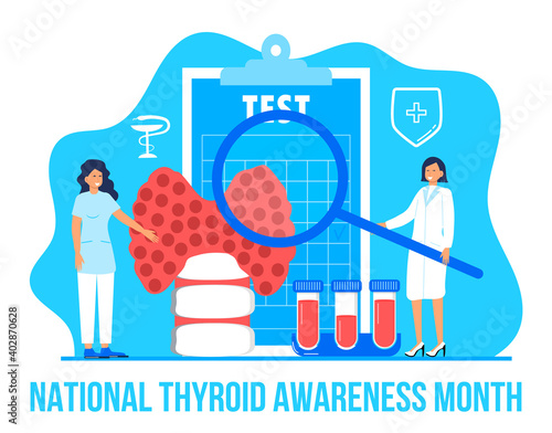 Thyroid Awareness Month is celebrated in January in USA. Hypothyroidism concept vector. Endocrinologists diagnose and treat human thyroid gland.