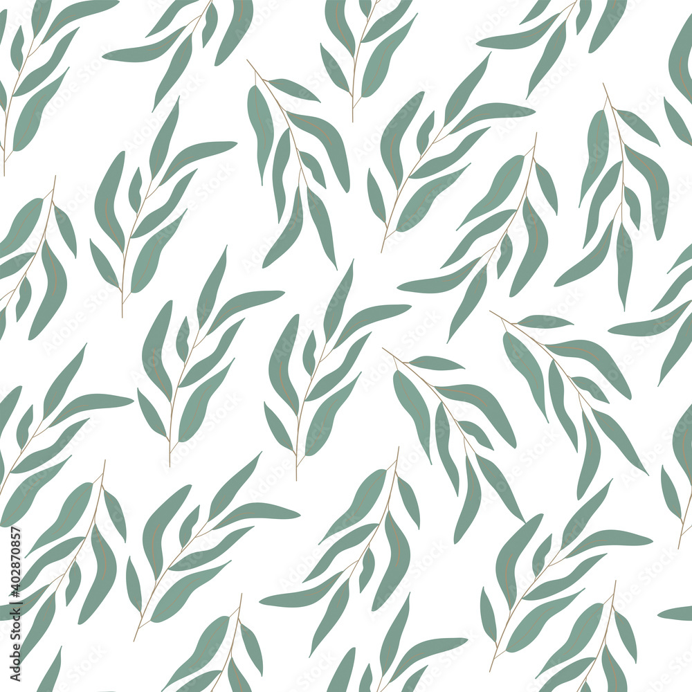 Eucaliptus pattern. Trendy branch and leaves green on light background seamless vector pattern.Abstract seamless pattern in vector design.