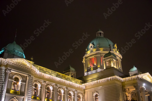 National Assembly of the Republic of Serbia building, beautifully illuminated, Belgrade, Serbia photo