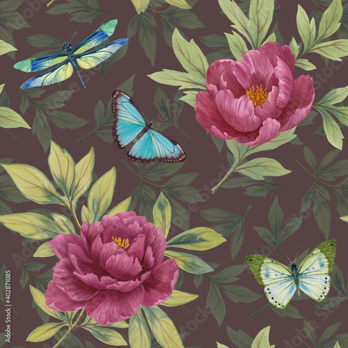 Seamless botanical pattern with peonies and butterflies. Watercolor peonies for wallpaper design  print  wrapping paper  textiles. Ready-made pattern  flowers and butterflies.