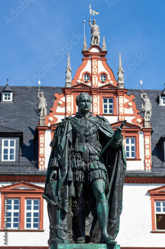 Prince Albert Monument in front of the town house on the marketplace in Coburg