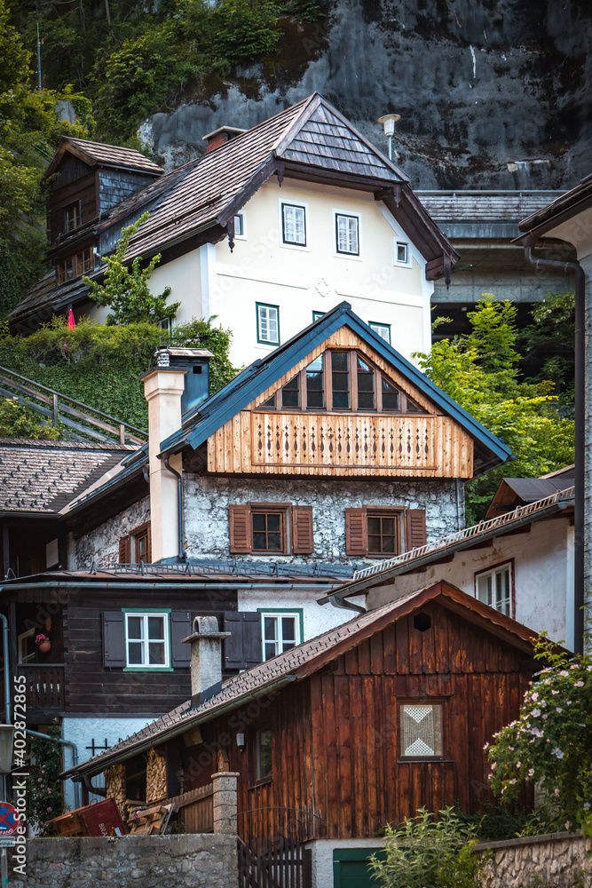 traditional wood houses in hallstatt, austria traditional wood houses in hallstatt, austria