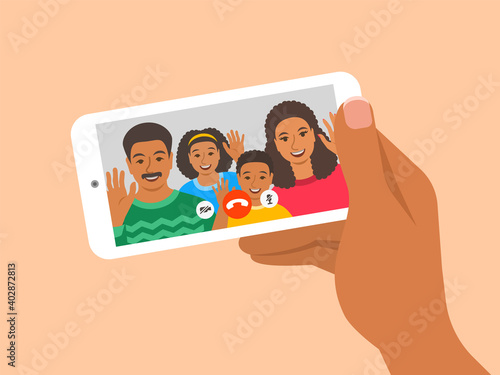 Family online video call by smartphone. Happy black family, mom, dad and kids say hi virtually in mobile video call app. Flat cartoon illustration. Stay in touch with your loved ones at quarantine.