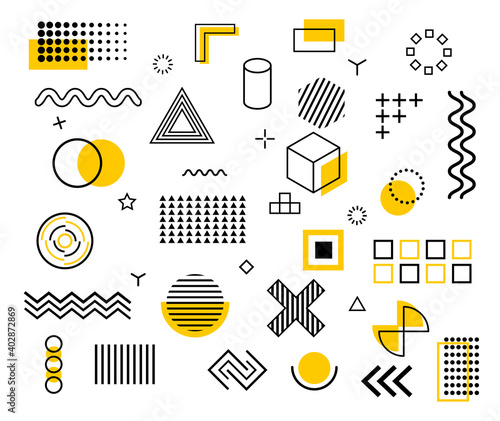 Elements and graphic abstract ornament shapes with halftone. Set of modern dot, triangle, circle design. 