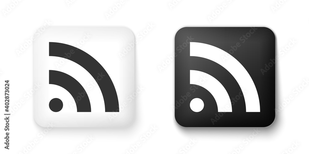 Black and white RSS icon isolated on white background. Radio signal. RSS feed symbol. Square button. Vector. Black and white RSS icon isolated on white background. Radio signal. RSS feed symbol. Square button. Vector.