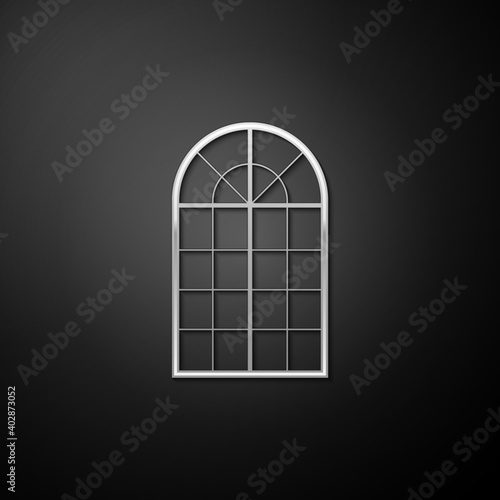 Silver Arched window icon isolated on black background. Long shadow style. Vector.