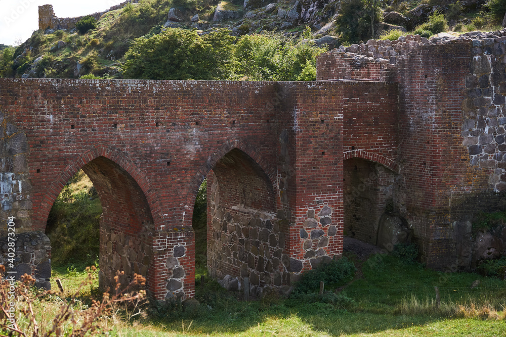 bridge from Middle Age leading to Hammershus castle on the island Bornholm in Denmark. 