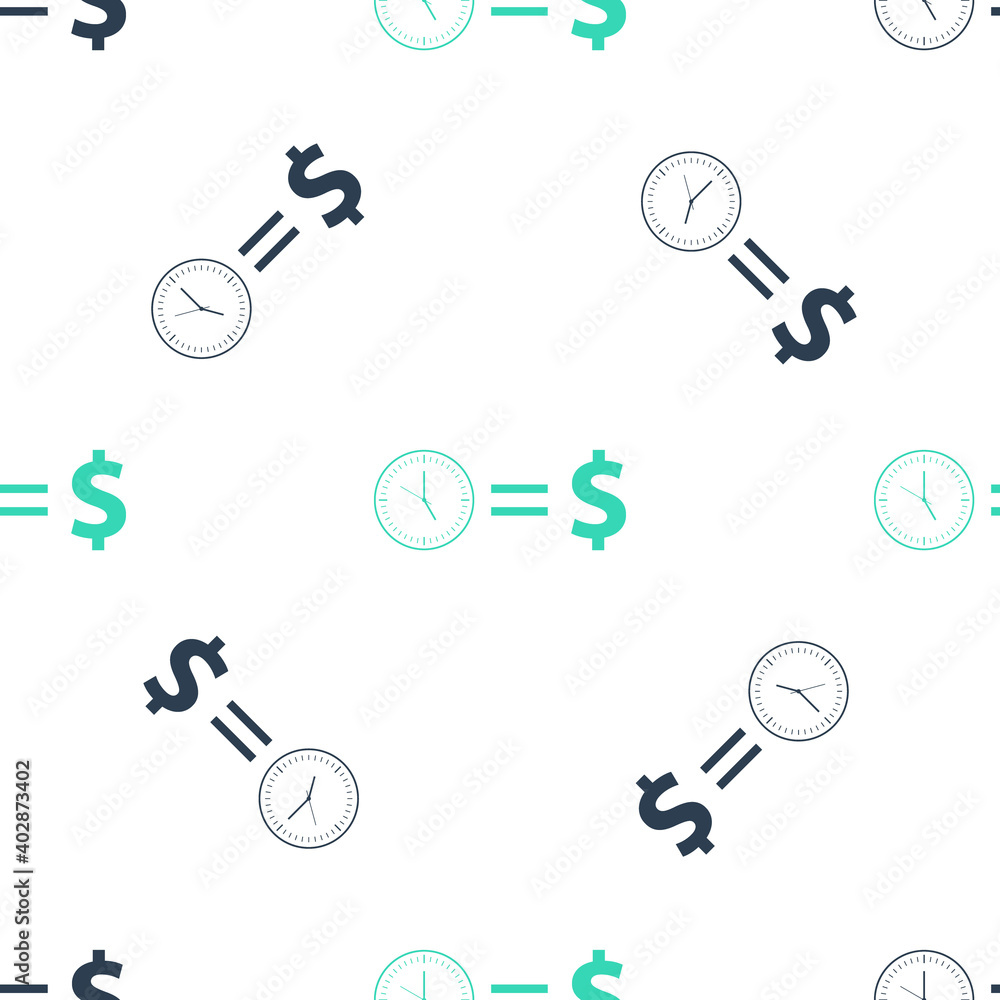 Green Time is money icon isolated seamless pattern on white background. Money is time. Effective time management. Convert time to money. Vector. Green Time is money icon isolated seamless pattern on white background. Money is time. Effective time management. Convert time to money. Vector.