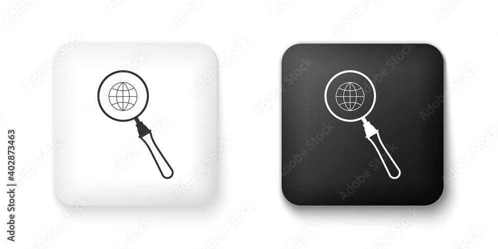 Black and white Magnifying glass with globe icon isolated on white background. Analyzing the world. Global search sign. Square button. Vector. Black and white Magnifying glass with globe icon isolated on white background. Analyzing the world. Global search sign. Square button. Vector.