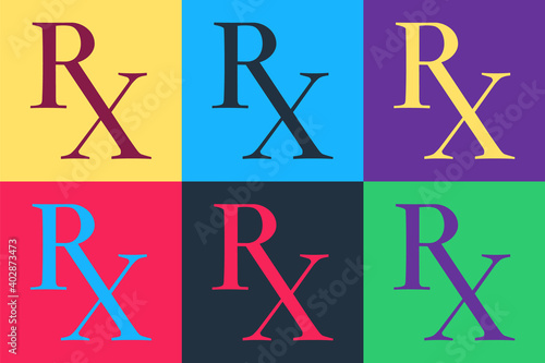 Pop art Medicine symbol Rx prescription icon isolated on color background. Vector.