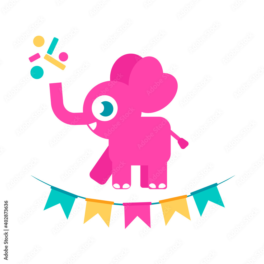 Birthday party illustration with cartoon pink elephant, colorful flags, confetti isolated on white backdrop. Perfect for greeting, invitation card, banner design template, kids birthday party poster Birthday party illustration with cartoon pink elephant, colorful flags, confetti isolated on white backdrop. Perfect for greeting, invitation card, banner design template, kids birthday party poster