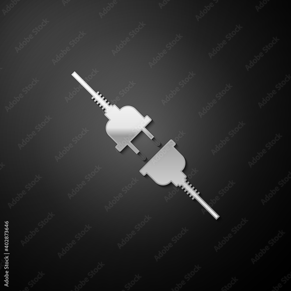 Silver Electric wire plug and socket icon isolated on black background. Long shadow style. Vector. Silver Electric wire plug and socket icon isolated on black background. Long shadow style. Vector.