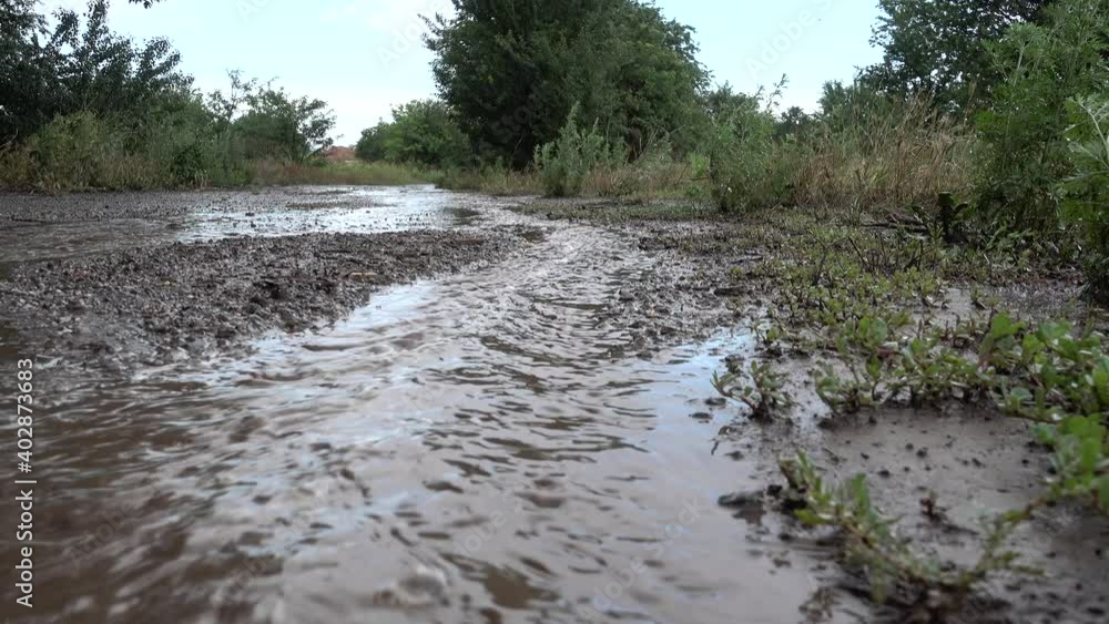 Flood in the rural agricultural areas after a heavy rain making an impact on the food manufacturing output and productivity. Rainfall in the fields. Mud and dirt damaging the crops. Flood in the rural agricultural areas after a heavy rain making an impact on the food manufacturing output and productivity. Rainfall in the fields. Mud and dirt damaging the crops.