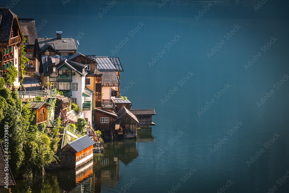 boat houses in hallstatt, austria