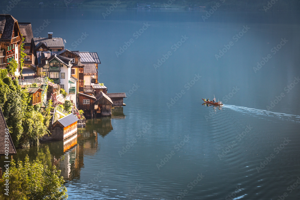 boathouses of hallstatt, reflections, austria