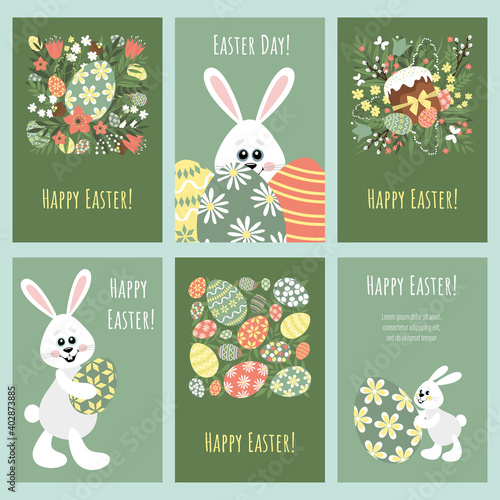 Set of postcards for the day of Easter. Vector images of Easter eggs, bunny, flowers, plant elements. Template for postcards, flyers, banners.