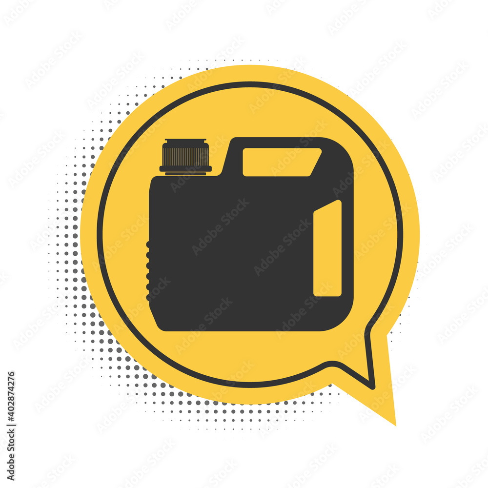 Black Plastic canister for motor machine oil icon isolated on white background. Oil gallon. Oil change service and repair. Engine oil sign. Yellow speech bubble symbol. Vector. Black Plastic canister for motor machine oil icon isolated on white background. Oil gallon. Oil change service and repair. Engine oil sign. Yellow speech bubble symbol. Vector.