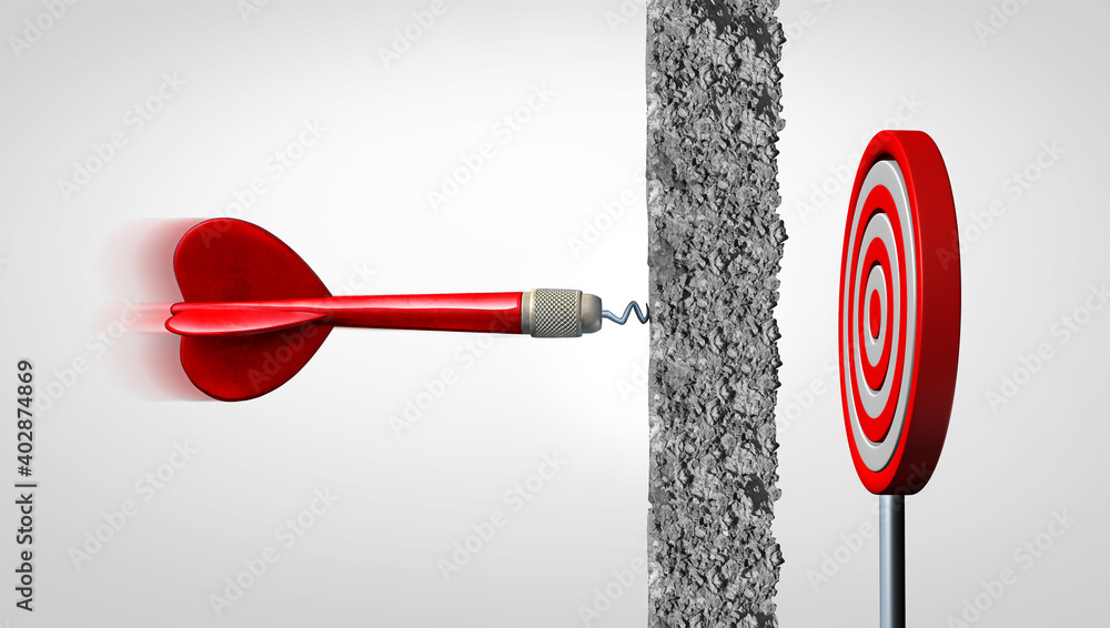 Obstacle and adversity as a dart facing a wall and obstacles