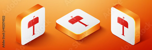 Isometric Mail box icon isolated on orange background. Mailbox icon. Mail postbox on pole with flag. Orange square button. Vector.