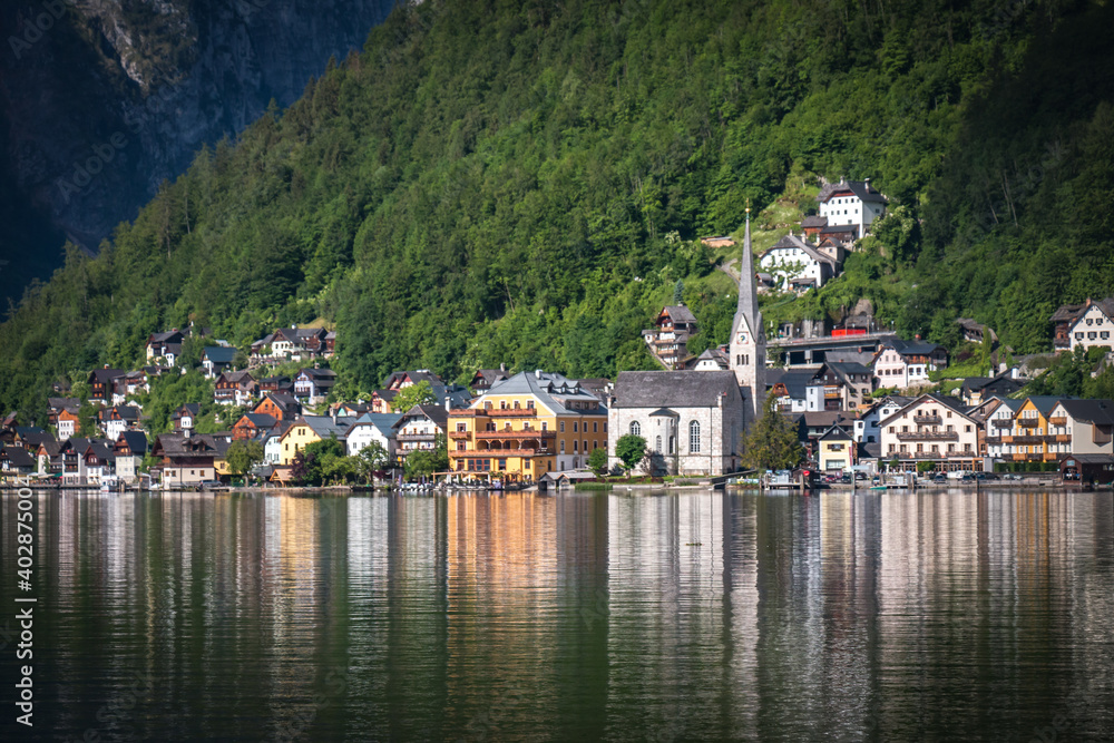 Fototapeta premium view of hallstatt from boat, austria, reflection