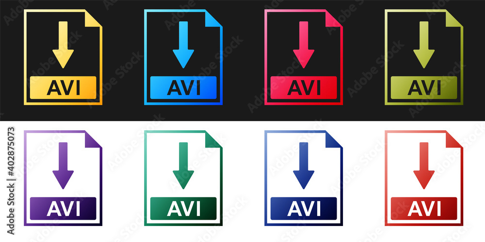 Set AVI file document icon. Download AVI button icon isolated on black and white background. Vector. Set AVI file document icon. Download AVI button icon isolated on black and white background. Vector.