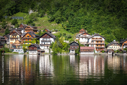 houses of hallstatt, reflections, austria