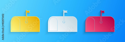 Paper cut Mail box icon isolated on blue background. Mailbox icon. Mail postbox on pole with flag. Paper art style. Vector.
