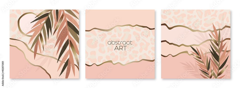 Set of abstract artistic square backgrounds, pink animal print, gold palm leaves vectors