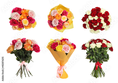 Set of beautiful rose bouquets on white background photo