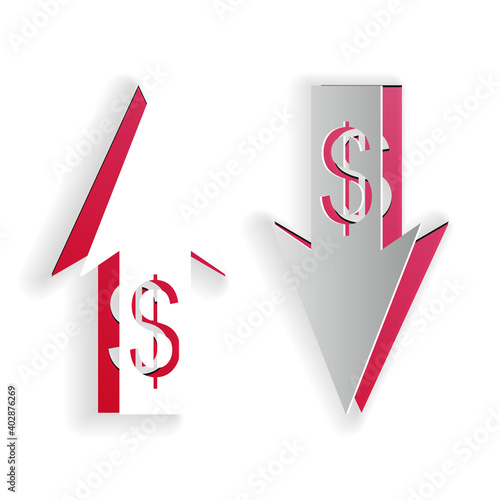 Paper cut Up and Down arrows with dollar symbol icon isolated on white background. Business concept. Paper art style. Vector.