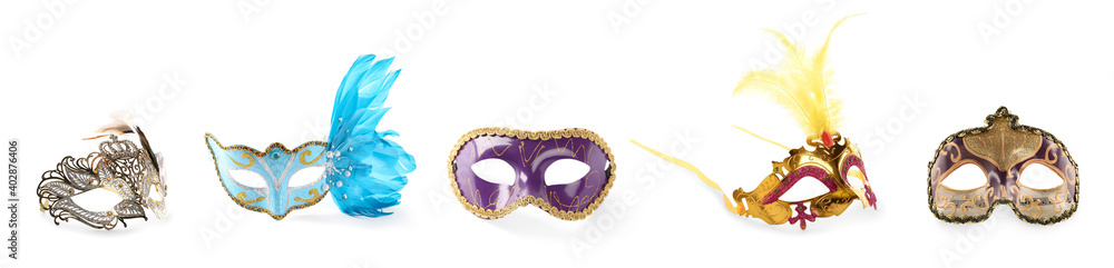 Set of beautiful carnival masks on white background. Banner design Set of beautiful carnival masks on white background. Banner design