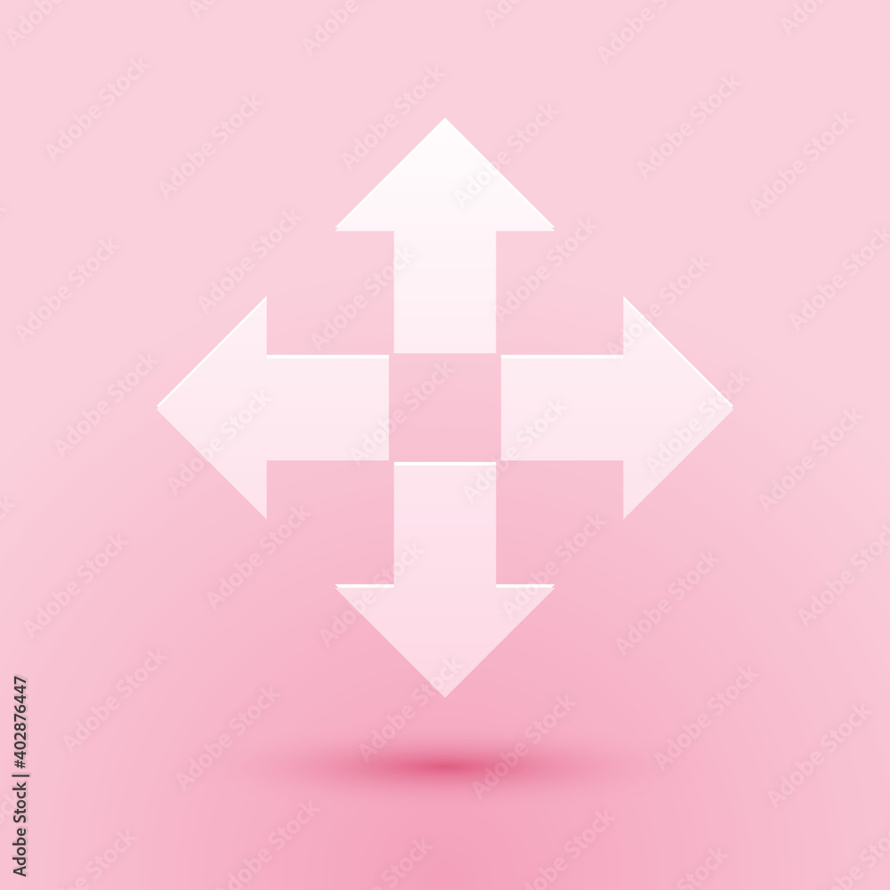 Paper cut Arrows in four directions icon isolated on pink background. Paper art style. Vector. Paper cut Arrows in four directions icon isolated on pink background. Paper art style. Vector.