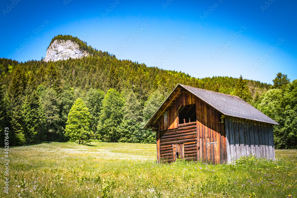 old wooden house in the mountains, alps, salzkammergut, austria old wooden house in the mountains, alps, salzkammergut, austria