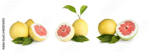 Set of fresh exotic pomelo fruits on white background. Banner design