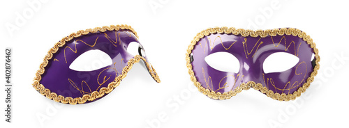 Beautiful carnival masks on white background, closeup. Banner design