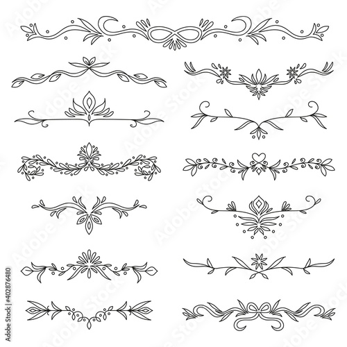 Fancy sketch text dividers or elegance separator set. Can be used as wedding invitation elements, typographic decoration or restaurant menu headers . Stock vector illustration isolated on white.
