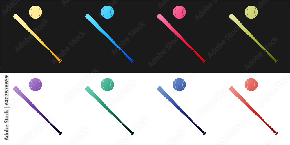 Set Baseball ball and bat icon isolated on black and white background. Vector. Set Baseball ball and bat icon isolated on black and white background. Vector.