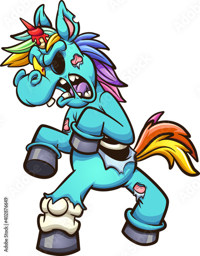 Zombie unicorn walking angry with bloody horn. Vector clip art illustration with simple gradients. All on a single layer.
